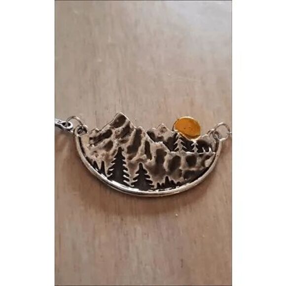 Silver Bohemian Mountain Valley Pines Moon Sunset Boho Landscape Necklace - Picture 6 of 7